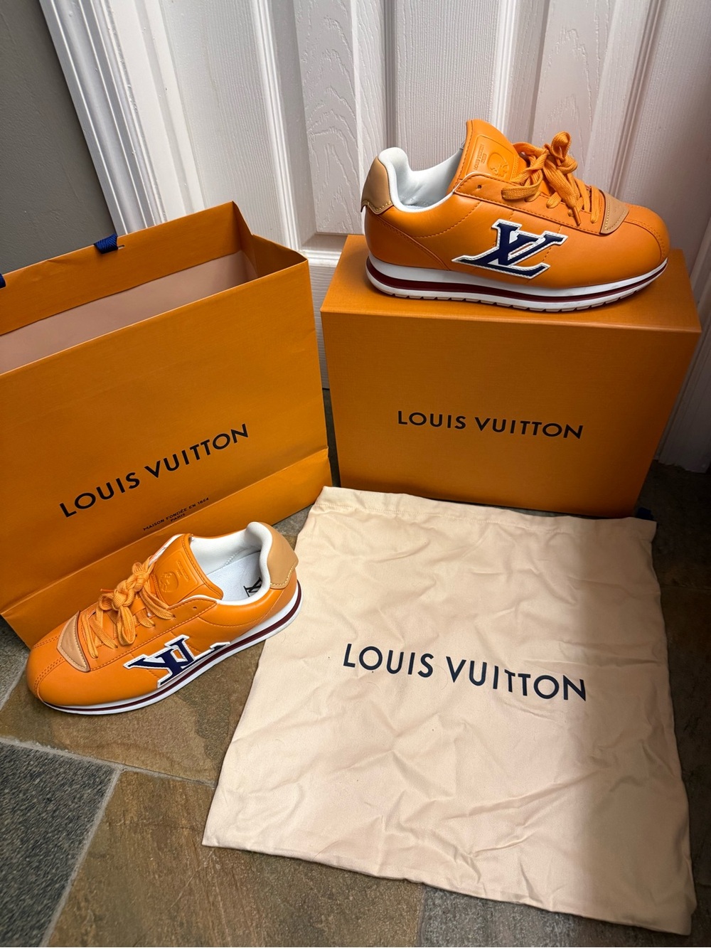 Louis Vuitton Orange Leather LV Logo Sneakers